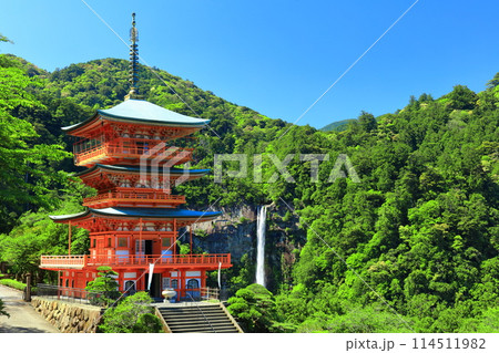【和歌山県】快晴の青岸渡寺三重塔と那智の滝(熊野那智大社) 【和歌山県】快晴の青岸渡寺三重塔と那智の滝(熊野那智大社) 114511982