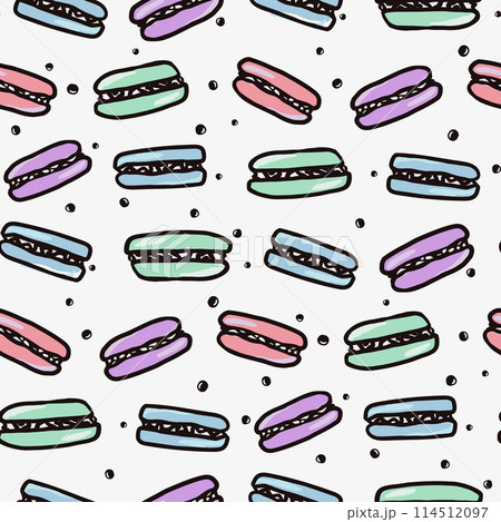 Macaroon seamless pattern with sweet food. Hand drawn colorful cake vector illustration background for surface design, textile, fabric, scrapbook or wallpaper Macaroon seamless pattern with sweet food. Hand drawn colorful cake vector illustration background for surface design, textile, fabric, scrapbook or wallpaper 114512097