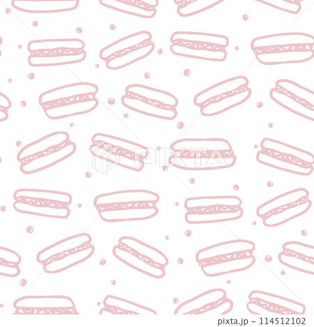 Macaroon seamless pattern with sweet food. Hand drawn colorful cake vector illustration background for surface design, textile, fabric, scrapbook or wallpaper 114512102