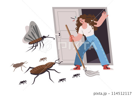 Insects and pests attack woman trying to enter apartment after thorough cleaning or disinfection 114512117