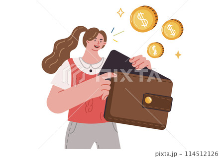 Wallet in hand woman considering own budget for financial planning and accounting for expenses Wallet in hand woman considering own budget for financial planning and accounting for expenses 114512126