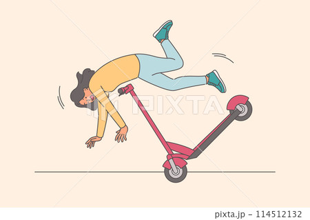 Careless woman falls from scooter and risks injury due to violations safety rules and lack of helmet Careless woman falls from scooter and risks injury due to violations safety rules and lack of helmet 114512132