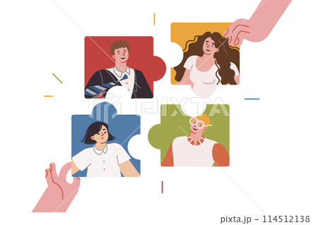 Building family team from puzzles with portraits of children and parents, for intellectual quiz 114512138