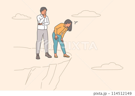 Business dead end for office employees standing near cliff and wondering how to overcome abyss Business dead end for office employees standing near cliff and wondering how to overcome abyss 114512149