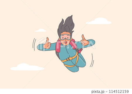 Woman parachutist flies in sky showing thumbs up, enjoying rush of adrenaline in body Woman parachutist flies in sky showing thumbs up, enjoying rush of adrenaline in body 114512159