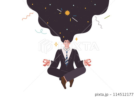 Meditating business man doing yoga thinking about space and trying to get signal from universe 114512177