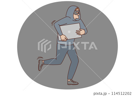 Male robber in mask steal computer 114512202