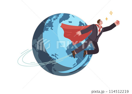 Super businessman in hero cape flies around planet, saving companies from bankruptcy Super businessman in hero cape flies around planet, saving companies from bankruptcy 114512219