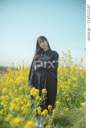 菜の花畑と女性 114512247