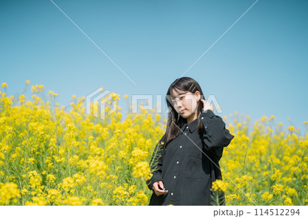 菜の花畑と女性 114512294