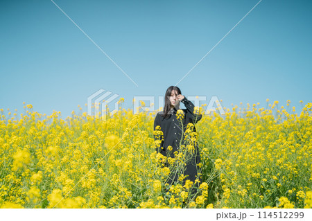 菜の花畑と女性 114512299