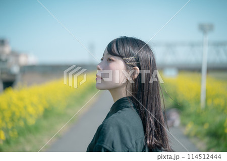 菜の花と女性 114512444