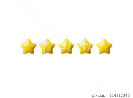 Five yellow star rating, positive feedback 3d vector, realistic customer review golden stars, best quality, top rate Five yellow star rating, positive feedback 3d vector, realistic customer review golden stars, best quality, top rate 114512546