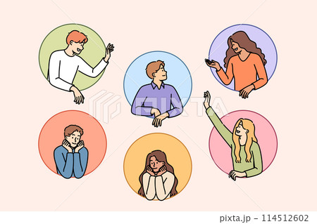 Communication of friendly people looking out from circles, for concept of chatting in social media 114512602
