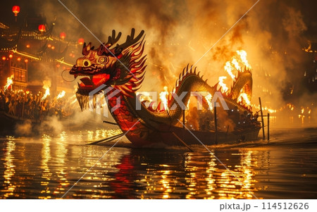 Majestic dragon boat with flames along its body, floating on tranquil waters at sunset, with silhouetted spectators. 114512626
