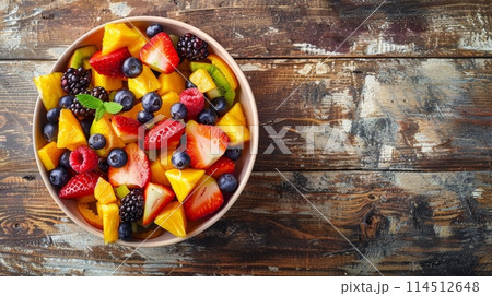 Vibrant mixed fruit salad served in a round bowl, showcasing an array of fresh strawberries, blueberries, kiwi, and oranges on a rustic wooden backdrop. Banner with copy space Vibrant mixed fruit salad served in a round bowl, showcasing an array of fresh strawberries, blueberries, kiwi, and oranges on a rustic wooden backdrop. Banner with copy space 114512648