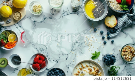 An assortment of healthy breakfast ingredients spread out on a marbled countertop, creating an inviting start to the day. Banner with copy space 114512651