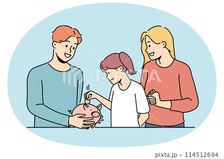 Smiling parents teach child saving money Smiling parents teach child saving money 114512694