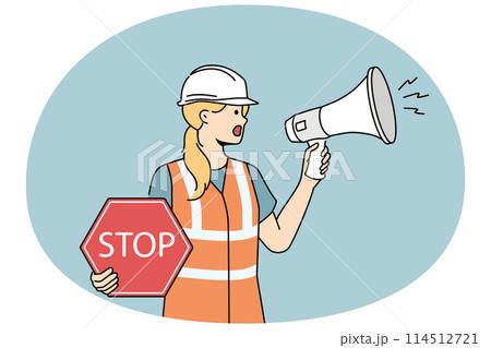 Female builder with megaphone and stop sign 114512721