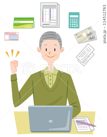お金について説明するシニアの男性　確定申告の申請 114512763