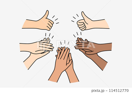 Hands of people applaud and showing thumbs up as sign of respect and support for speaker 114512770