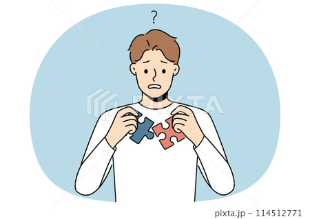 Confused man think about jigsaw puzzles join 114512771
