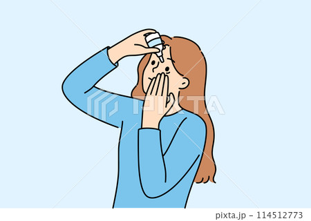 Woman uses eye drops to improve vision or reduce dry pupils causing ophthalmic diseases 114512773