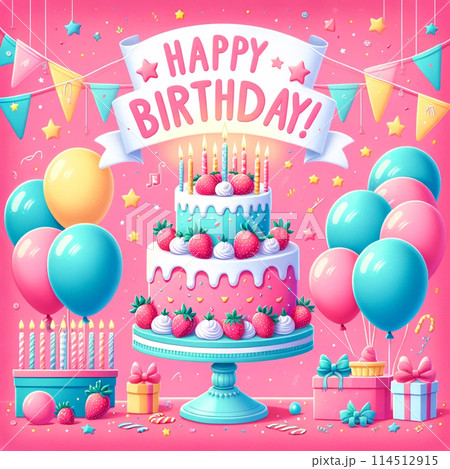 かわいい誕生日ケーキのイラスト素材 114512915