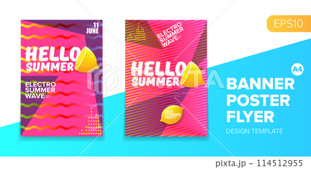 Vector electronic music summer party poster background Pink club party flyer or creative banner with abstract waves and fresh lemon. Hello summer party design template 114512955