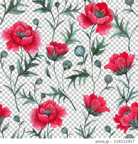 pattern with red poppies on a white background. watercolor seamless print with wildflowers 114512957