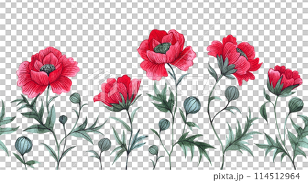 seamless border with red poppies. watercolor drawing, frame with wildflowers seamless border with red poppies. watercolor drawing, frame with wildflowers 114512964