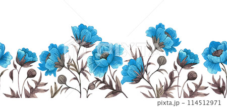 seamless border with blue poppies. watercolor drawing, frame with wildflowers 114512971