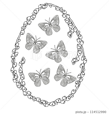 Easter catkins egg wreath with butterfly, hand drawn floral elements for spring holiday. Black and white line art compositions for coloring page. Vector illustrations for card or invitations 114512990