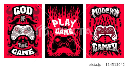 Game posters. Video gamer control slogan. Boy joystick trendy print or kids sport doodle tee. Red fire or dripping blood. Gaming controller. Grunge drawing. Vector cartoon banners set 114513042