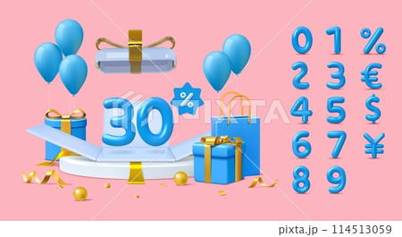 3D numbers. Holiday gift box. 10 percent sale. Discount percentage font. Shop podium with bags and dollar sign. Render presents and balloons. Vector shopping offer design elements set 3D numbers. Holiday gift box. 10 percent sale. Discount percentage font. Shop podium with bags and dollar sign. Render presents and balloons. Vector shopping offer design elements set 114513059
