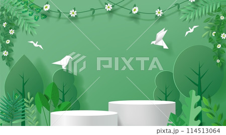 Eco background. Green tree garden with white empty platform, product podium in plant leaf, summer ecology banner with stage in leaves. Minimal showcase scene. Paper cut vector template 114513064