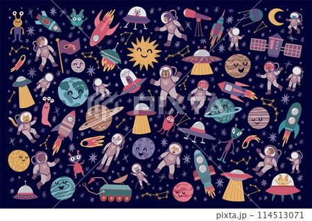 Cute space. Galaxy planets and animal astronauts. Spaceship rocket and art monster. Universe stickers. Aliens UFO and cosmonaut shuttles. Starry cosmos background. Vector icon elements Cute space. Galaxy planets and animal astronauts. Spaceship rocket and art monster. Universe stickers. Aliens UFO and cosmonaut shuttles. Starry cosmos background. Vector icon elements 114513071