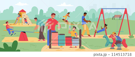 Fathers and Children Enjoying a Sunny Day at the Playground, Playing on Slides and Swings Cartoon Vector Illustration Fathers and Children Enjoying a Sunny Day at the Playground, Playing on Slides and Swings Cartoon Vector Illustration 114513718