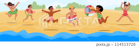 Exuberant Children Enjoy A Sunny Day At The Beach, Jumping And Playing With Inflatable Rings And Beach Balls, Vector Exuberant Children Enjoy A Sunny Day At The Beach, Jumping And Playing With Inflatable Rings And Beach Balls, Vector 114513720