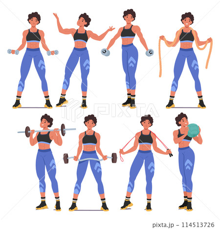 Female Bodybuilder In Various Fitness Poses. Cartoon Vector Illustration Set Showcase Her With Weights, Jump Rope 114513726