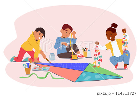 Three Children Engaged In Creative Activities. One Paints On A Kite, Another Constructs A Kite With Colorful Paper 114513727