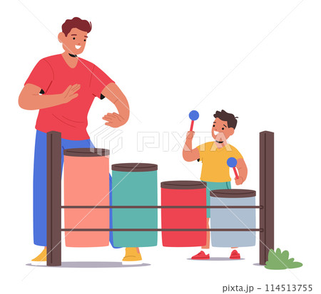 Cartoon Vector Scene Of A Father And His Young Son Playing With Musical Toys At A Playground. Boy Drums With Mallets Cartoon Vector Scene Of A Father And His Young Son Playing With Musical Toys At A Playground. Boy Drums With Mallets 114513755