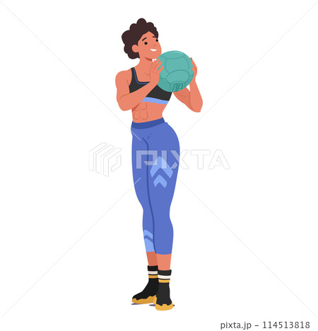 Fit Woman In Athletic Attire Handling Medicine Ball. Her Focused Demeanor And Strong Physique, Vector Illustration 114513818