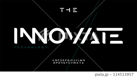 Innovative sleek alphabet, bold geometric sans serif letters, cutting-edge digital font for dynamic tech logo, powerful headline, advanced typography, future-facing typographic design.Vector typeset 114513957