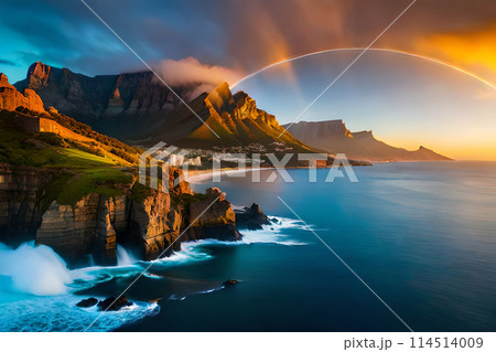 Fantastic sunset on the Sea coast with beautiful colors and great light. 114514009