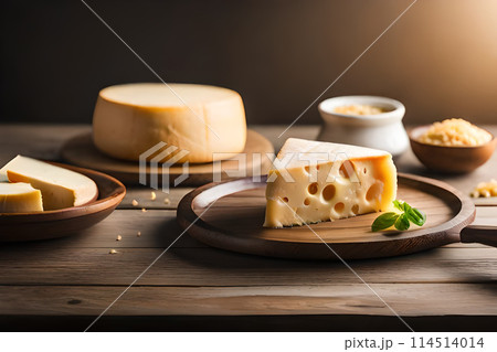 Pieces of delicious cheese and knife on wooden table. Space for text 114514014