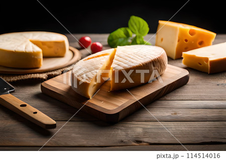 Pieces of delicious cheese and knife on wooden table. Space for text 114514016