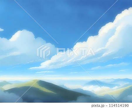 雲の浮かぶ空。山並み。イラスト風。AI生成画像。 114514190