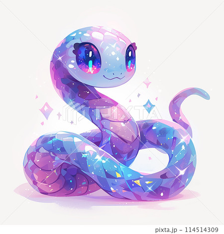 2025 blue snake with blue eyes and a purple tail. The snake is surrounded by stars and has a glittery appearance 114514309