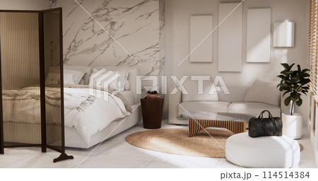 Bedroom minimal Modern wall and wooden tiles floor. 114514384